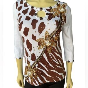 Just B Embellished Animal Print Beaded Sweater Top